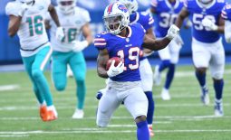 Jan 3, 2021; Orchard Park, New York, USA; Buffalo Bills wide receiver Isaiah McKenzie (19) returns a punt for a touchdown against the Miami Dolphins in the second quarter at Bills Stadium. Mandatory Credit: Mark Konezny-USA TODAY Sports