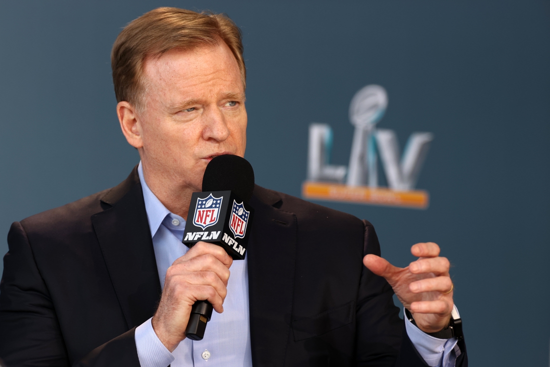 Feb 4, 2021; Tampa, FL, USA; NFL football commissioner Roger Goodell speaks at a press conference ahead of Super Bowl 55, Thursday, Feb. 4, 2021, in Tampa, Fla.  Mandatory Credit: Perry Knotts/Handout Photo via USA TODAY Sports