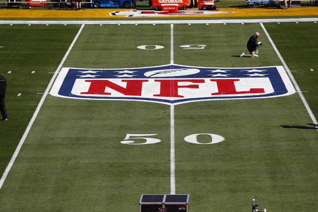 Feb 7, 2020; Tampa, FL, USA;  General view of the NFL Shield logo on the field before Super Bowl LV between the Tampa Bay Buccaneers and the Kansas City Chiefs at Raymond James Stadium.  Mandatory Credit: Kim Klement-USA TODAY Sports