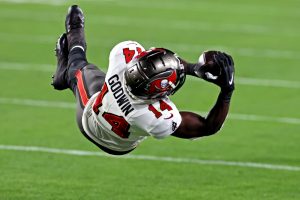 Feb 7, 2021; Tampa, FL, USA;  Tampa Bay Buccaneers wide receiver Chris Godwin (14) makes a catch during the third quarter against the Kansas City Chiefs in Super Bowl LV at Raymond James Stadium.  Mandatory Credit: Matthew Emmons-USA TODAY Sports