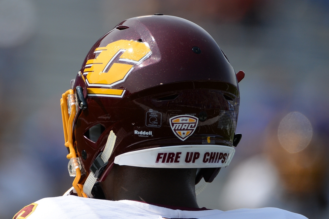 Sep 9, 2017; Lawrence, KS, USA; General view of the Central Michigan Chippewas helmet before the game against the Kansas Jayhawks at Memorial Stadium. Mandatory Credit: Steven Branscombe-USA TODAY Sports