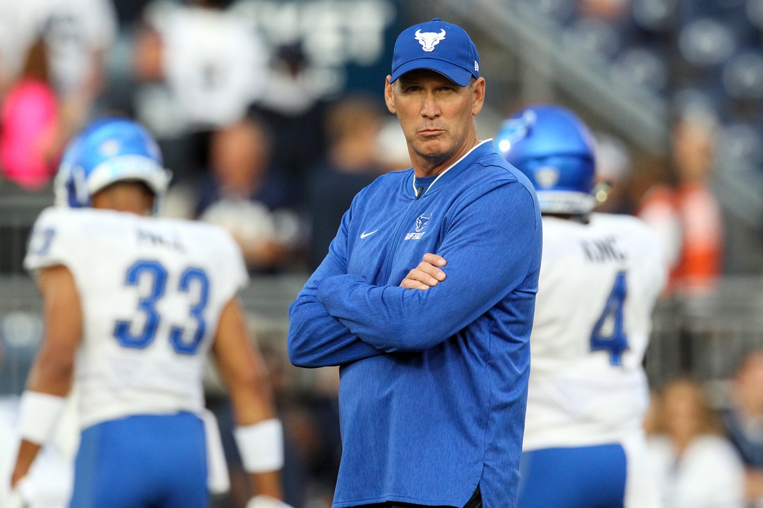 Sep 7, 2019; University Park, PA, USA; Buffalo Bulls head coach Lance Leipold looks on during a warm up prior to the game against the Penn State Nittany Lions at Beaver Stadium. Mandatory Credit: Matthew O'Haren-USA TODAY Sports