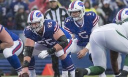 Dec 29, 2019; Orchard Park, New York, USA; Buffalo Bills offensive guard Ike Boettger (65) prepares to snap the ball to quarterback Matt Barkley (5) in the second quarter against the New York Jets at New Era Field. Mandatory Credit: Mark Konezny-USA TODAY Sports
