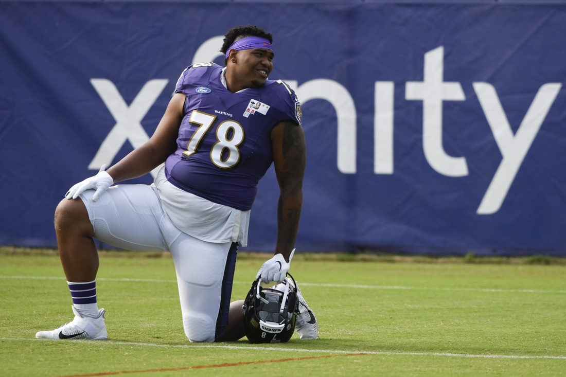 Aug 17, 2020; Owings Mills, Maryland, USA;  Baltimore Ravens offensive tackle Orlando Brown Jr. (78) during practice at Under Armour Performance Center. Mandatory Credit: Tommy Gilligan-USA TODAY Sports