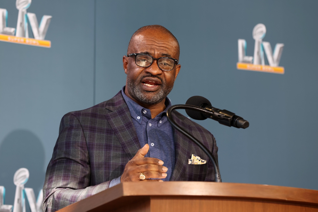 Feb 4, 2021; Tampa, FL, USA; NFLPA executive director DeMaurice Smith speaks during a press conference ahead of Super Bowl LV, Thursday, Feb. 4, 2021 in Tampa, Fla. Mandatory Credit: Perry Knotts/Handout Photo via USA TODAY Sports