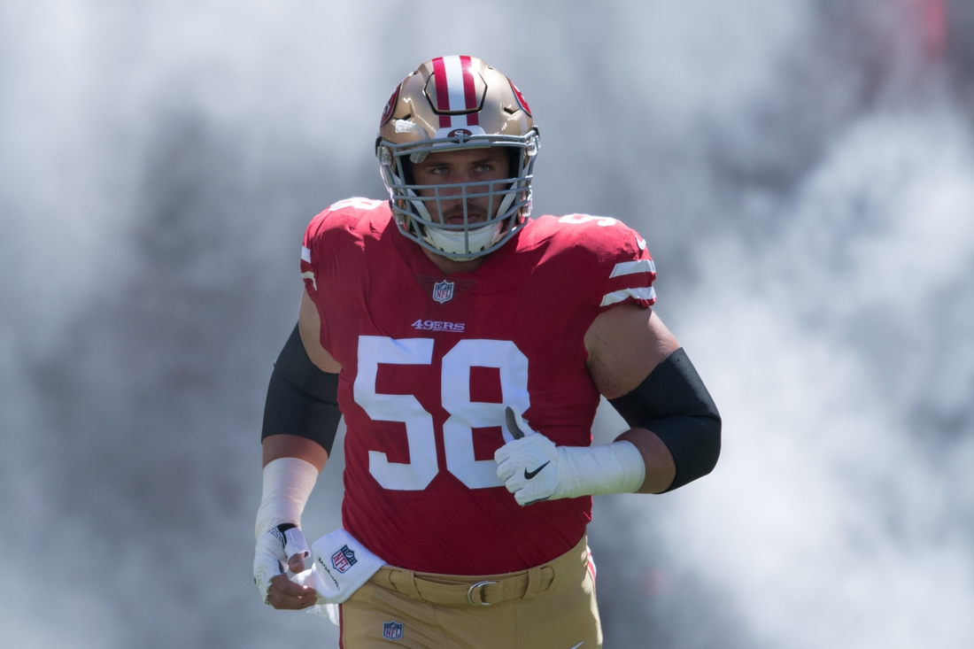 September 16, 2018; Santa Clara, CA, USA; San Francisco 49ers offensive guard Weston Richburg (58) before the game against the Detroit Lions at Levi's Stadium. The 49ers defeated the Lions 30-27. Mandatory Credit: Kyle Terada-USA TODAY Sports