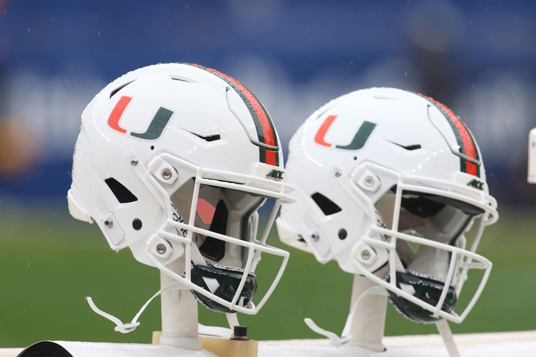 Oct 26, 2019; Pittsburgh, PA, USA;   Miami Hurricanes helmets sit on the sidelines against the Pittsburgh Panthers during the fourth quarter at Heinz Field. Miami won 16-12. Mandatory Credit: Charles LeClaire-USA TODAY Sports