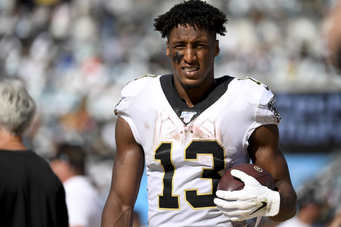 Oct 13, 2019; Jacksonville, FL, USA; New Orleans Saints wide receiver Michael Thomas (13) looks on during the fourth quarter against the Jacksonville Jaguars at TIAA Bank Field. Mandatory Credit: Douglas DeFelice-USA TODAY Sports