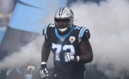 Dec 1, 2019; Charlotte, NC, USA; Carolina Panthers offensive tackle Taylor Moton (72) runs on to the field before the game at Bank of America Stadium. Mandatory Credit: Bob Donnan-USA TODAY Sports