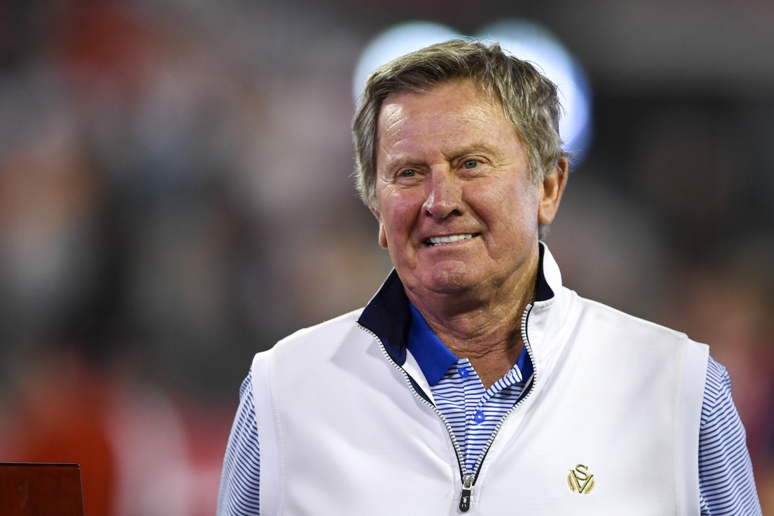Jan 2, 2020; Jacksonville, Florida, USA; Florida Gators former head coach Steve Spurrier is honored prior to the game between the Tennessee Volunteers and the Indiana Hoosiers at TIAA Bank Field. Mandatory Credit: Douglas DeFelice-USA TODAY Sports