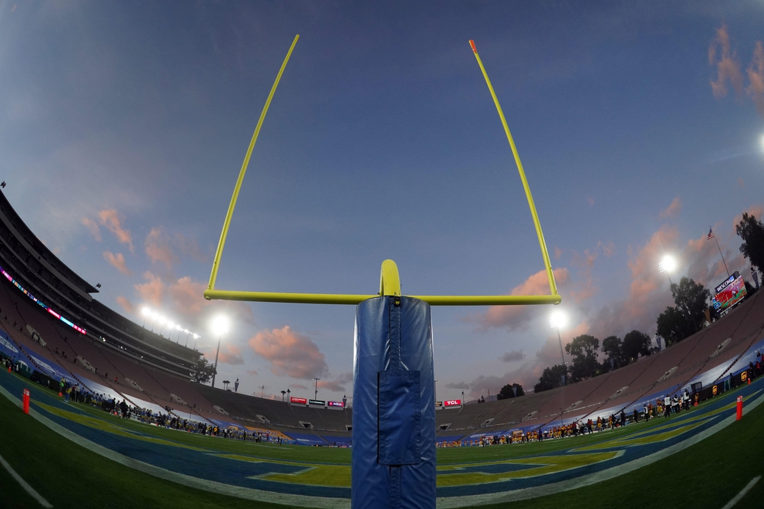 Dec 12, 2020; Pasadena, California, USA;  A general view of the Rose Bowl goal posts during an NCAA football game between the Southern California Trojans and the UCLA Bruins. Mandatory Credit: Kirby Lee-USA TODAY Sports
