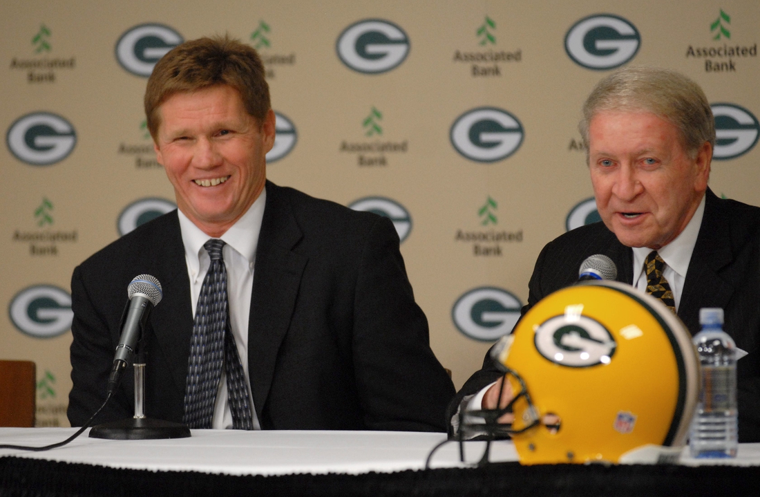 Mark Murphy, left, is introduced as the new Green Bay Packers president and chief executive officer by Packers Chairman of the Board Bob Harlan during a news conference Monday at Lambeau Field in Green Bay.

Murphy New Packers President