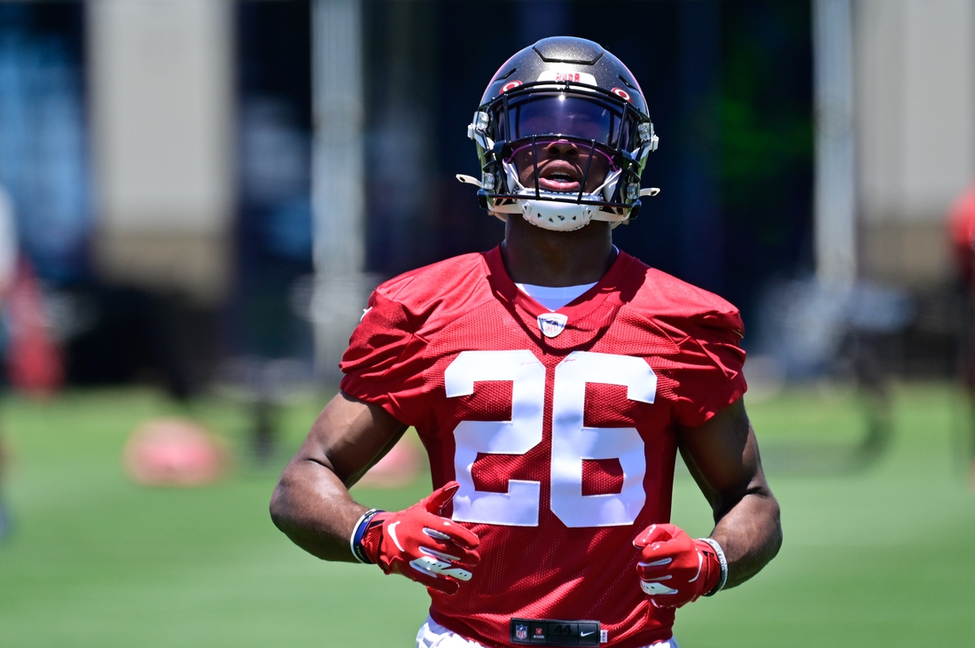 May 14, 2021; Tampa Bay, Florida, USA; Tampa Bay Buccaneers corner back Cameron Kinley (26) practices during rookie mini-camp at AdventHealth Training Center Mandatory Credit: Douglas DeFelice-USA TODAY Sports