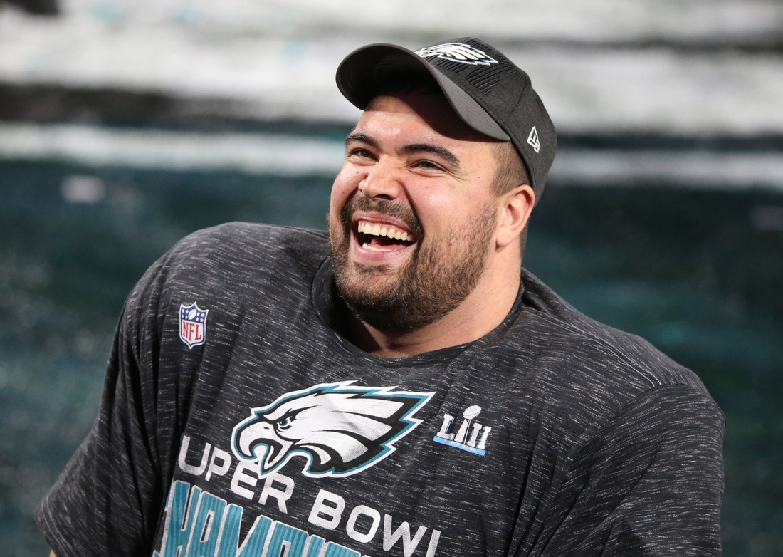 Feb 4, 2018; Minneapolis, MN, USA; Philadelphia Eagles offensive guard Stefen Wisniewski (61) reacts after defeating the New England Patriots in Super Bowl LII at U.S. Bank Stadium. The Eagles won 41-33. Mandatory Credit: Charles LeClaire-USA TODAY Sports
