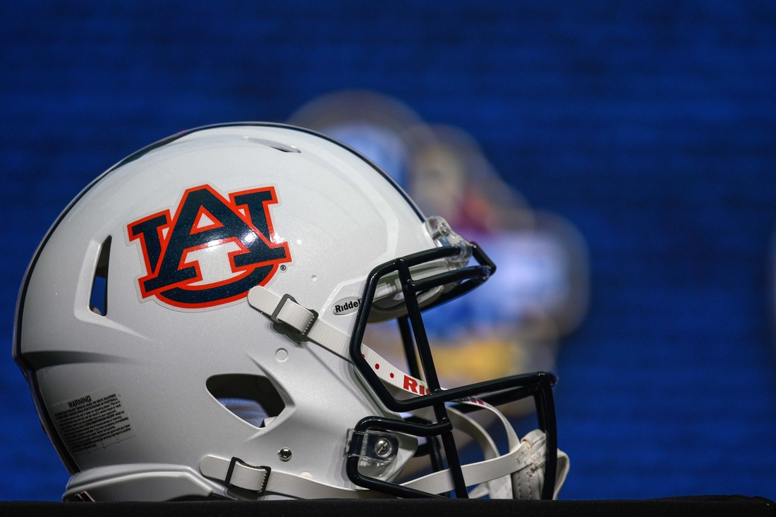 Jul 19, 2018; Atlanta, GA, USA; An Auburn Tigers helmet shown on the main stage coach  during SEC football media day at the College Football Hall of Fame. Mandatory Credit: Dale Zanine-USA TODAY Sports