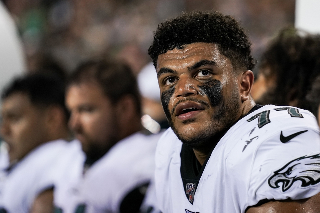 Aug 22, 2019; Philadelphia, PA, USA; Philadelphia Eagles offensive tackle Andre Dillard (77) looks on against the Baltimore Ravens at Lincoln Financial Field. Mandatory Credit: Bill Streicher-USA TODAY Sports