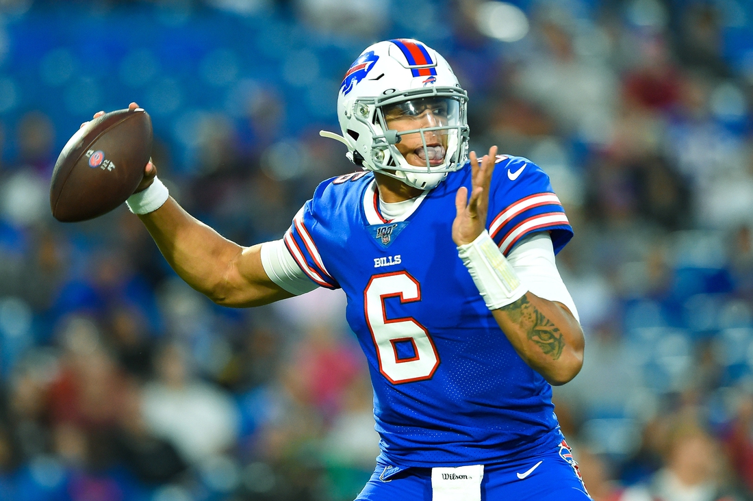 Aug 29, 2019; Orchard Park, NY, USA; Buffalo Bills quarterback Tyree Jackson (6) drops back to pass against the Minnesota Vikings during the second quarter at New Era Field. Mandatory Credit: Rich Barnes-USA TODAY Sports