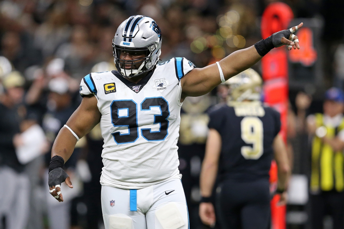 Nov 24, 2019; New Orleans, LA, USA; Carolina Panthers defensive tackle Gerald McCoy (93) gestures in the second quarter against the New Orleans Saints at the Mercedes-Benz Superdome. Mandatory Credit: Chuck Cook-USA TODAY Sports