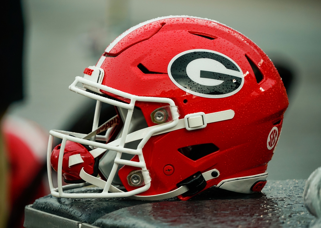 Dec 12, 2020; Columbia, Missouri, USA; A detailed view of a Georgia Bulldogs helmet during the second half against the Missouri Tigers at Faurot Field at Memorial Stadium. Mandatory Credit: Jay Biggerstaff-USA TODAY Sports