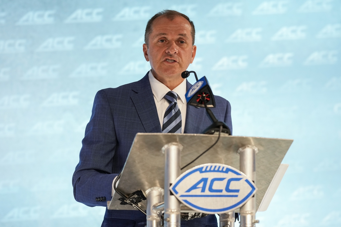 Jul 21, 2021; Charlotte, NC, USA; ACC commissioner Jim Phillips speaks to the media during the ACC Kickoff at The Westin Charlotte. Mandatory Credit: Jim Dedmon-USA TODAY Sports