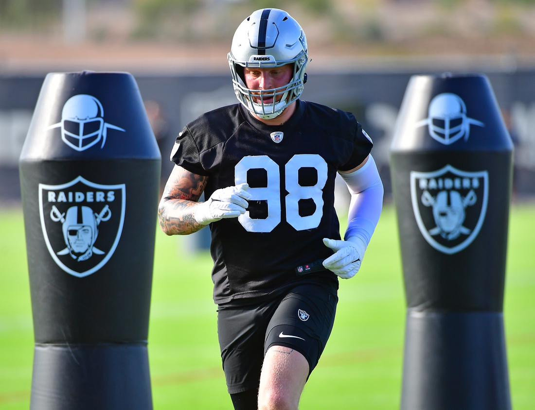 Jul 28, 2021; Las Vegas, NV, USA; Las Vegas Raiders defensive end Maxx Crosby (98) is pictured during a team practice at Intermountain Healthcare Performance Center in Henderson. Mandatory Credit: Stephen R. Sylvanie-USA TODAY Sports