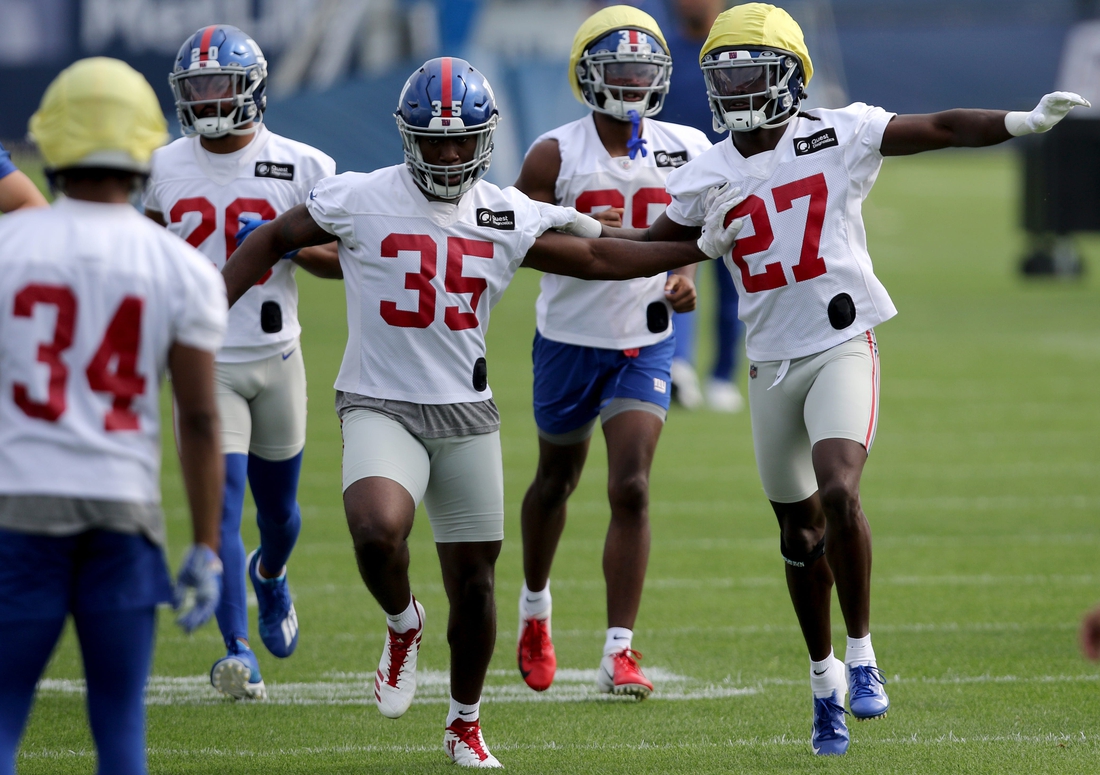 Linebacker, TJ Brunson (35) and cornerback, Isaac Yiadom, are shown at the Giants practice facility, in East Rutherford. Wednesday, July 28, 2021

Giants