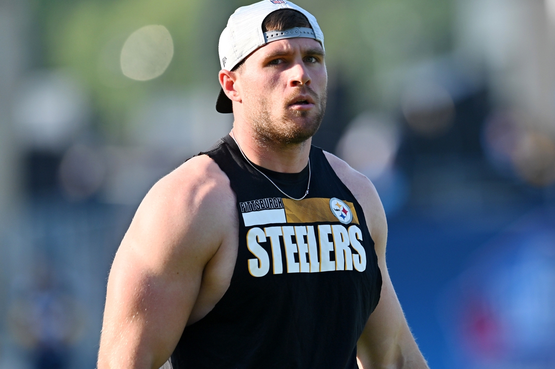 Aug 5, 2021; Canton, Ohio, USA; Pittsburgh Steelers outside linebacker T.J. Watt (90) warms up before a game between the Dallas Cowboys and the Pittsburgh Steelers at Tom Benson Hall of Fame Stadium. Mandatory Credit: Ken Blaze-USA TODAY Sports