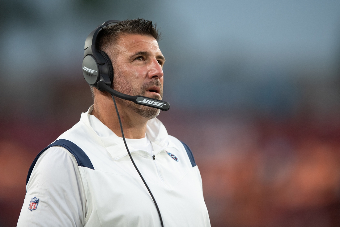 Aug 21, 2021; Tampa, Florida, USA; Tennessee Titans head coach Mike Vrabel looks at the scoreboard during the first half against the Tampa Bay Buccaneers at Raymond James Stadium. Mandatory Credit: Jeremy Reper-USA TODAY Sports