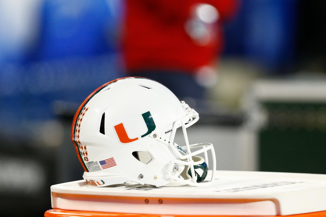 Dec 2, 2017; Charlotte, NC, USA; A Miami Hurricanes helmet lays on the sidelines in the first quarter against the Clemson Tigers in the ACC championship game at Bank of America Stadium. Mandatory Credit: Jeremy Brevard-USA TODAY Sports