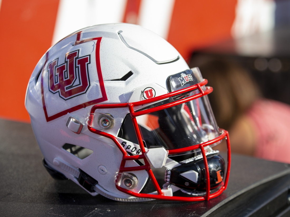 Sep 14, 2019; Salt Lake City, UT, USA; A general view of the helmet worn by Utah Utes quarterback Tyler Huntley (1) against the Idaho State Bengals at Rice-Eccles Stadium. Mandatory Credit: Rob Gray-USA TODAY Sports