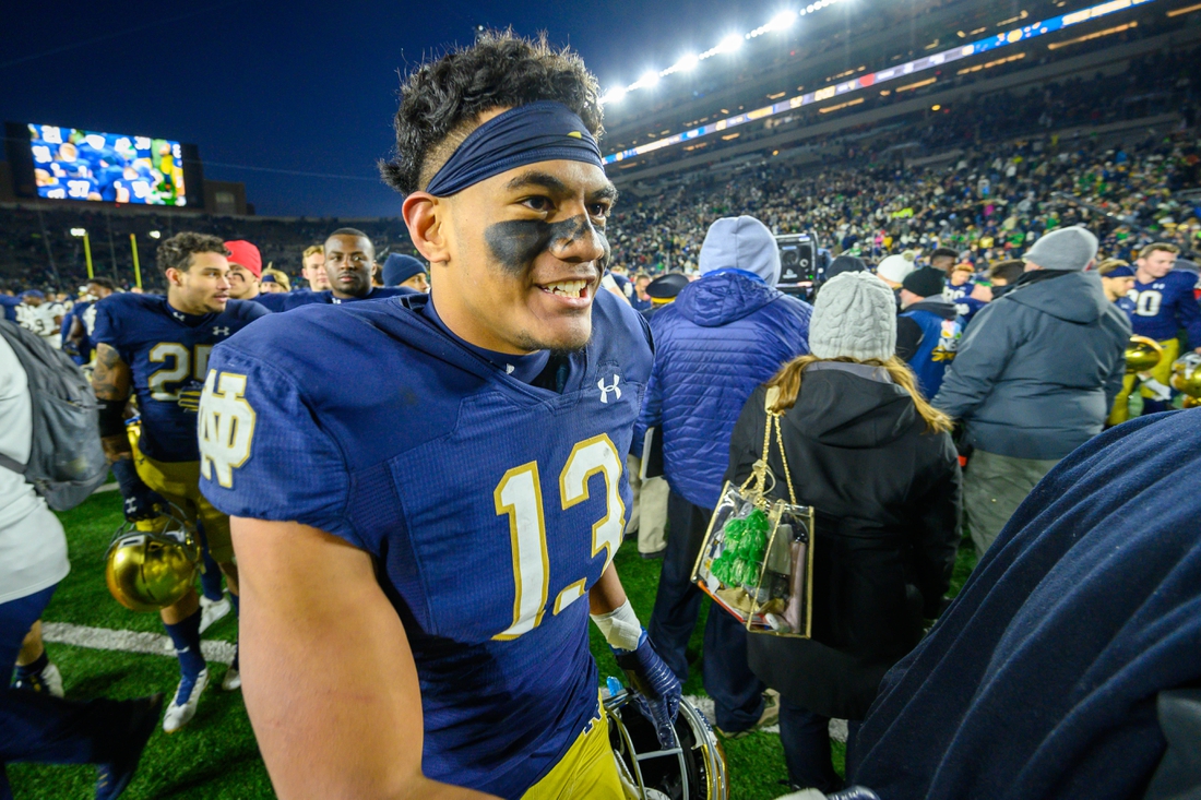 Nov 16, 2019; South Bend, IN, USA; Notre Dame Fighting Irish linebacker Paul Moala (13) leaves the field after Notre Dame defeated the Navy Midshipmen at Notre Dame Stadium. Mandatory Credit: Matt Cashore-USA TODAY Sports