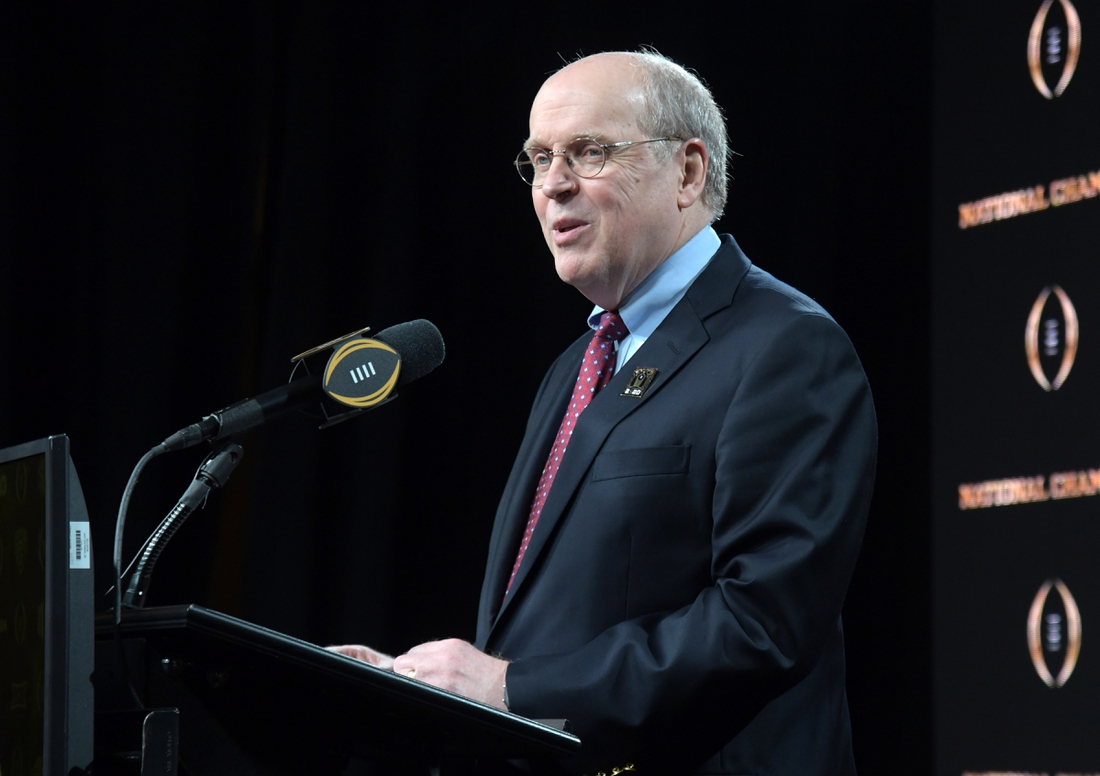 Jan 14, 2020; New Orleans, Louisiana, USA; College Football Playoff director Bill Hancock speaks during the CFP National Championship host committee  press conference at the Sheraton New Orleans.  Mandatory Credit: Kirby Lee-USA TODAY Sports