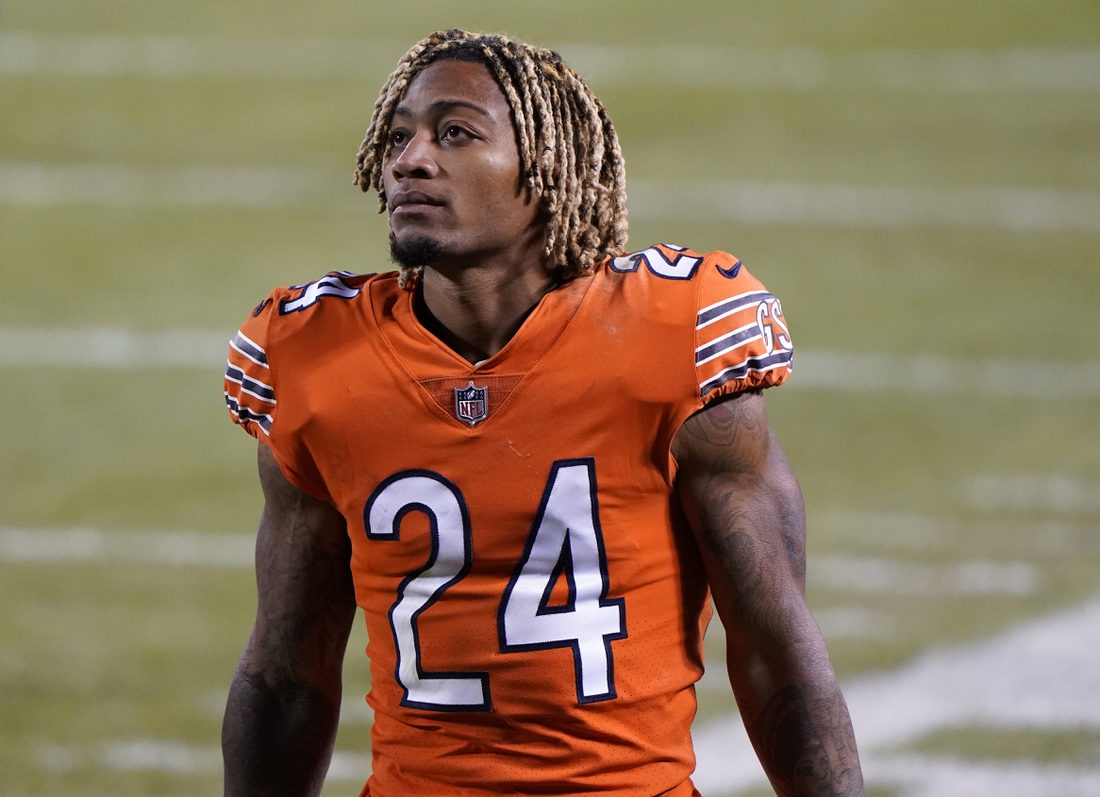 Nov 16, 2020; Chicago, Illinois, USA; Chicago Bears cornerback Buster Skrine (24) walks off the field after losing to the Minnesota Vikings at Soldier Field. Mandatory Credit: Mike Dinovo-USA TODAY Sports