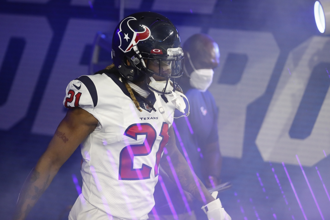 Nov 26, 2020; Detroit, Michigan, USA; Houston Texans cornerback Bradley Roby (21) walks onto the field before the game against the Detroit Lions at Ford Field. Mandatory Credit: Raj Mehta-USA TODAY Sports