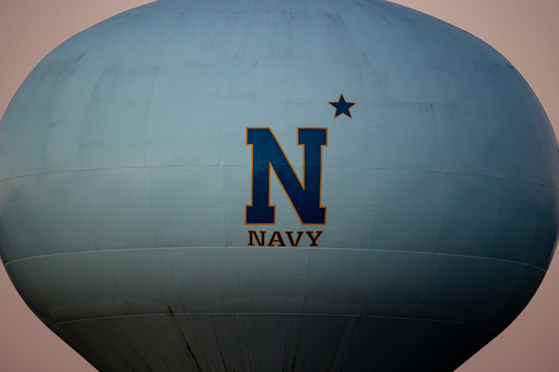 Nov 28, 2020; Annapolis, Maryland, USA; A general view of the Navy Midshipmen logo on a water tower near the stadium is seen before the game between the Navy Midshipmen and the Memphis Tigers at Navy-Marine Corps Memorial Stadium. Mandatory Credit: Scott Taetsch-USA TODAY Sports