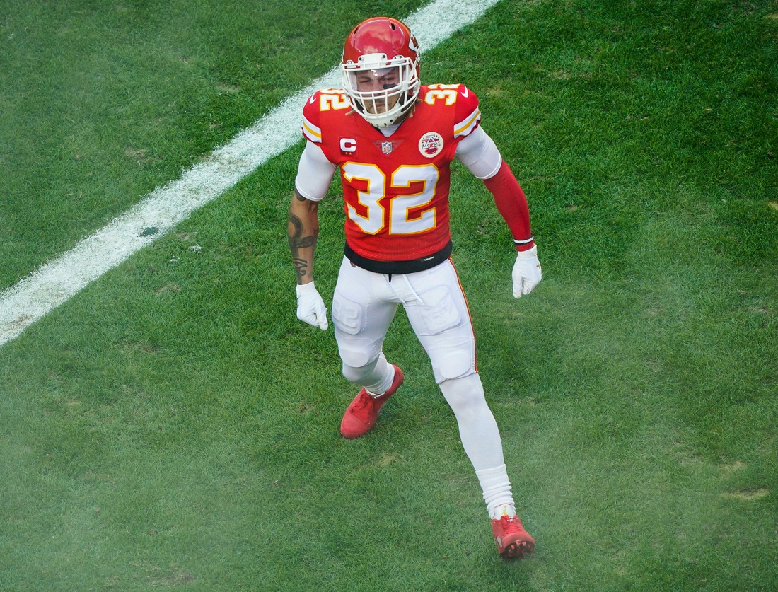 Jan 17, 2021; Kansas City, Missouri, USA; Kansas City Chiefs strong safety Tyrann Mathieu (32) is introduced before an AFC Divisional Round playoff game against the Cleveland Browns at Arrowhead Stadium. Mandatory Credit: Jay Biggerstaff-USA TODAY Sports