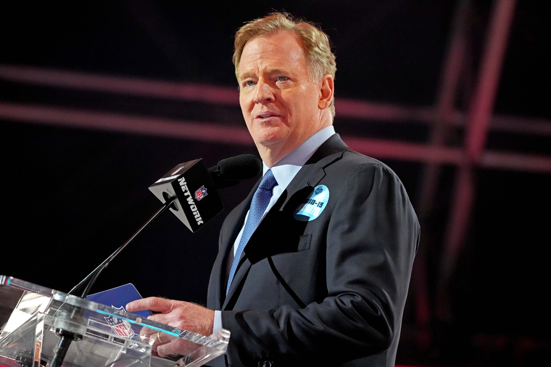 Apr 29, 2021; Cleveland, Ohio, USA; NFL commissioner Roger Goodell announces the final pick of the 2021 NFL Draft for the Tampa Bay Buccaneers at First Energy Stadium. Mandatory Credit: Kirby Lee-USA TODAY Sports