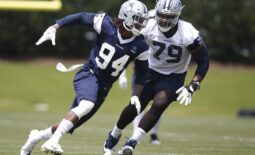 Jun 8, 2021; Frisco, TX, USA; Dallas Cowboys defensive end Randy Gregory (94) goes through drills against Dallas Cowboys tackle Ty Nsekhe (79) during voluntary Organized Team Activities at the Ford Center at the Star Training Facility in Frisco, Texas. Mandatory Credit: Tim Heitman-USA TODAY Sports