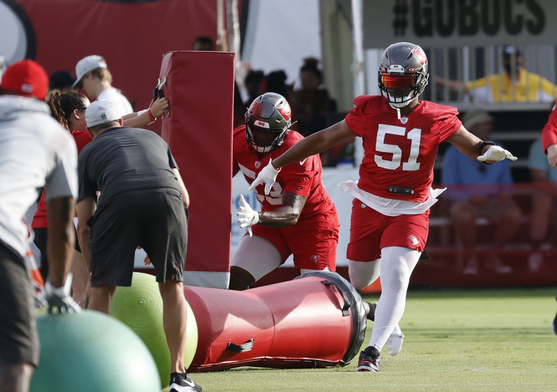 Jul 28, 2021; Tampa, FL, USA; Tampa Bay Buccaneers linebacker Kevin Minter (51) and Buccaneers linebacker Joe Jones (53) work out at AdventHealth Training Center. Mandatory Credit: Kim Klement-USA TODAY Sports