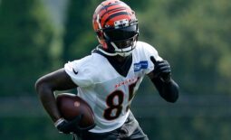 Cincinnati Bengals wide receiver Tee Higgins (85) runs with a catch during training camp practice at the Paul Brown Stadium practice facility in downtown Cincinnati on Thursday, July 29, 2021.Cincinnati Bengals Training Camp