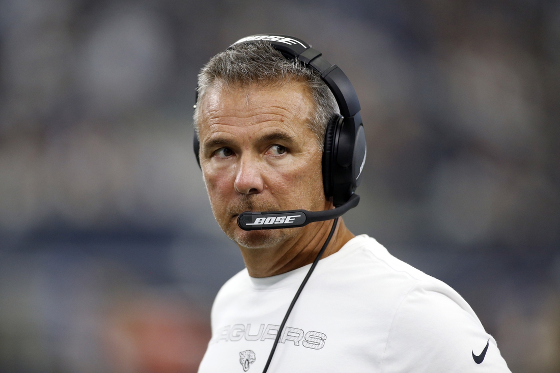 Aug 29, 2021; Arlington, Texas, USA; Jacksonville Jaguars head coach Urban Meyer on the sidelines during the game against the Dallas Cowboys at AT&T Stadium. Mandatory Credit: Tim Heitman-USA TODAY Sports