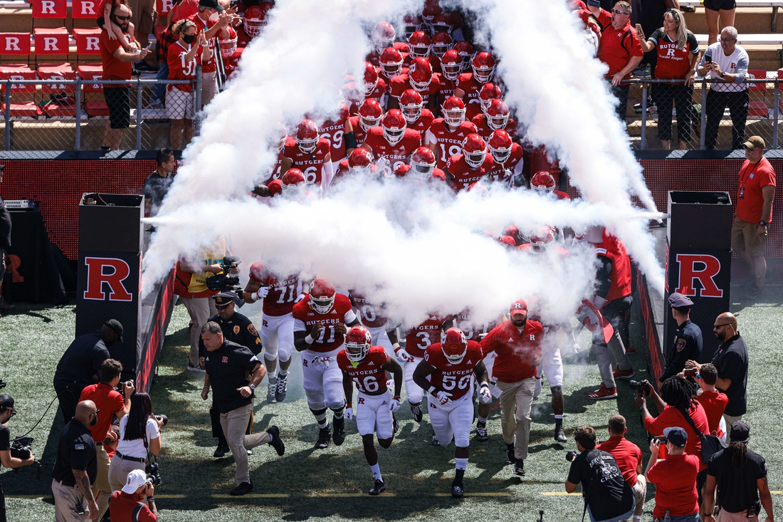 Sep 4, 2021; Piscataway, New Jersey, USA; Rutgers Scarlet Knights defensive back Max Melton (16) leads the team out before the game against the Temple Owls at SHI Stadium. Mandatory Credit: Vincent Carchietta-USA TODAY Sports