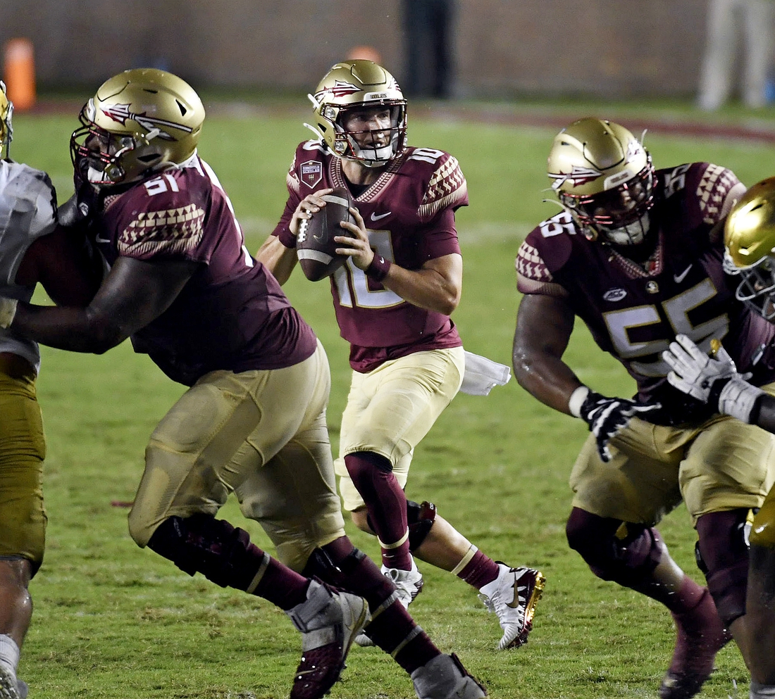 Sep 5, 2021; Tallahassee, Florida, USA; Florida State Seminoles quarterback McKenzie Milton (10) looks to throw during the fourth quarter against the Notre Dame Fighting Irish at Doak S. Campbell Stadium. Mandatory Credit: Melina Myers-USA TODAY Sports