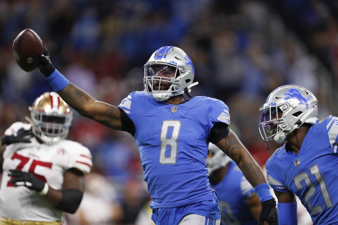 Sep 12, 2021; Detroit, Michigan, USA; Detroit Lions outside linebacker Jamie Collins (8) celebrates after recovering a fumble during the first quarter against the San Francisco 49ers at Ford Field. Mandatory Credit: Raj Mehta-USA TODAY Sports