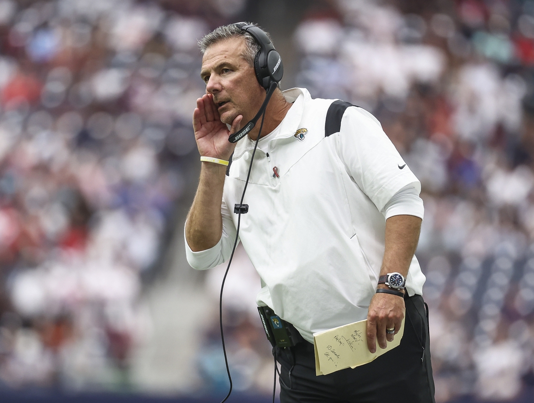 Sep 12, 2021; Houston, Texas, USA; Jacksonville Jaguars head coach Urban Meyer reacts during the second quarter against the Houston Texans at NRG Stadium. Mandatory Credit: Troy Taormina-USA TODAY Sports