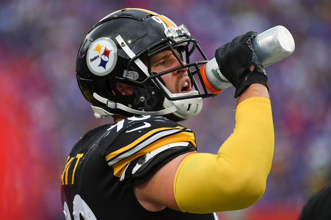 Sep 12, 2021; Orchard Park, New York, USA; Pittsburgh Steelers outside linebacker T.J. Watt (90) takes a drink against the Buffalo Bills during the second half at Highmark Stadium. Mandatory Credit: Rich Barnes-USA TODAY Sports