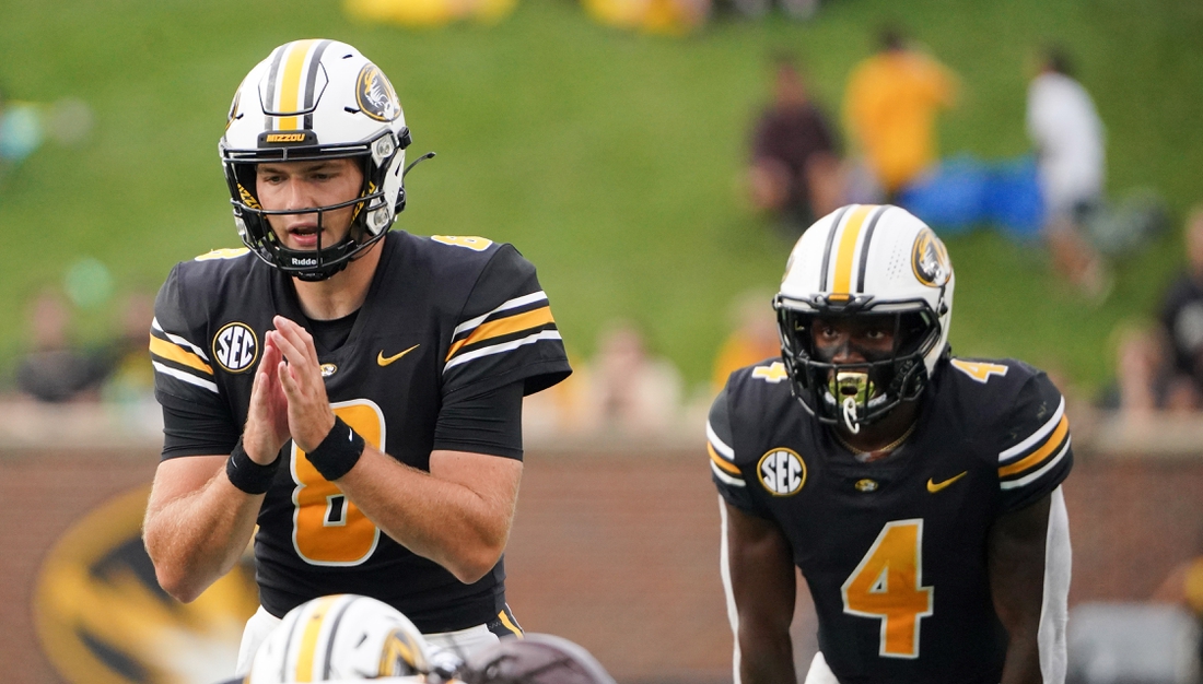 Sep 4, 2021; Columbia, Missouri, USA; Missouri Tigers quarterback Connor Bazelak (8) readies for the snap against the Central Michigan Chippewas during the game at Faurot Field at Memorial Stadium. Mandatory Credit: Denny Medley-USA TODAY Sports