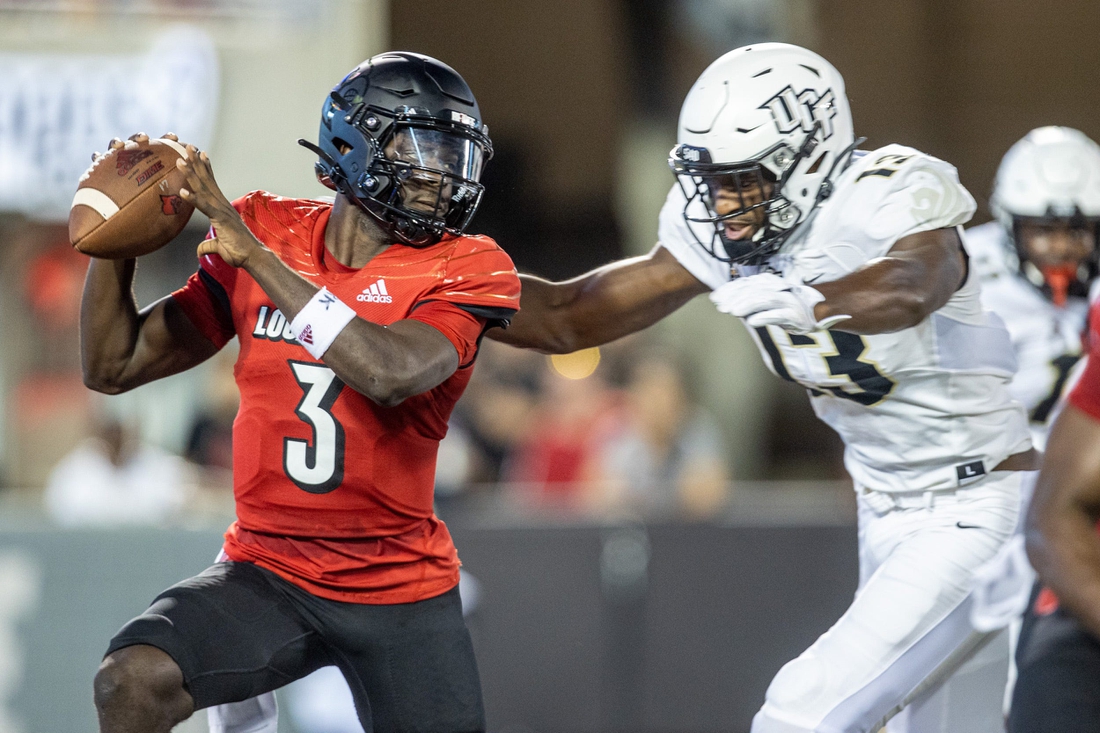 UofL quarterback Malik Cunningham is sacked during the first half Friday evening as the Louisville Cardinals took on the University of Central Florida at Cardinal Stadium. The Cardinals led 21-14 at halftime. Sept. 17, 2021

As 4148 Uofl Ucf 1sthalf351