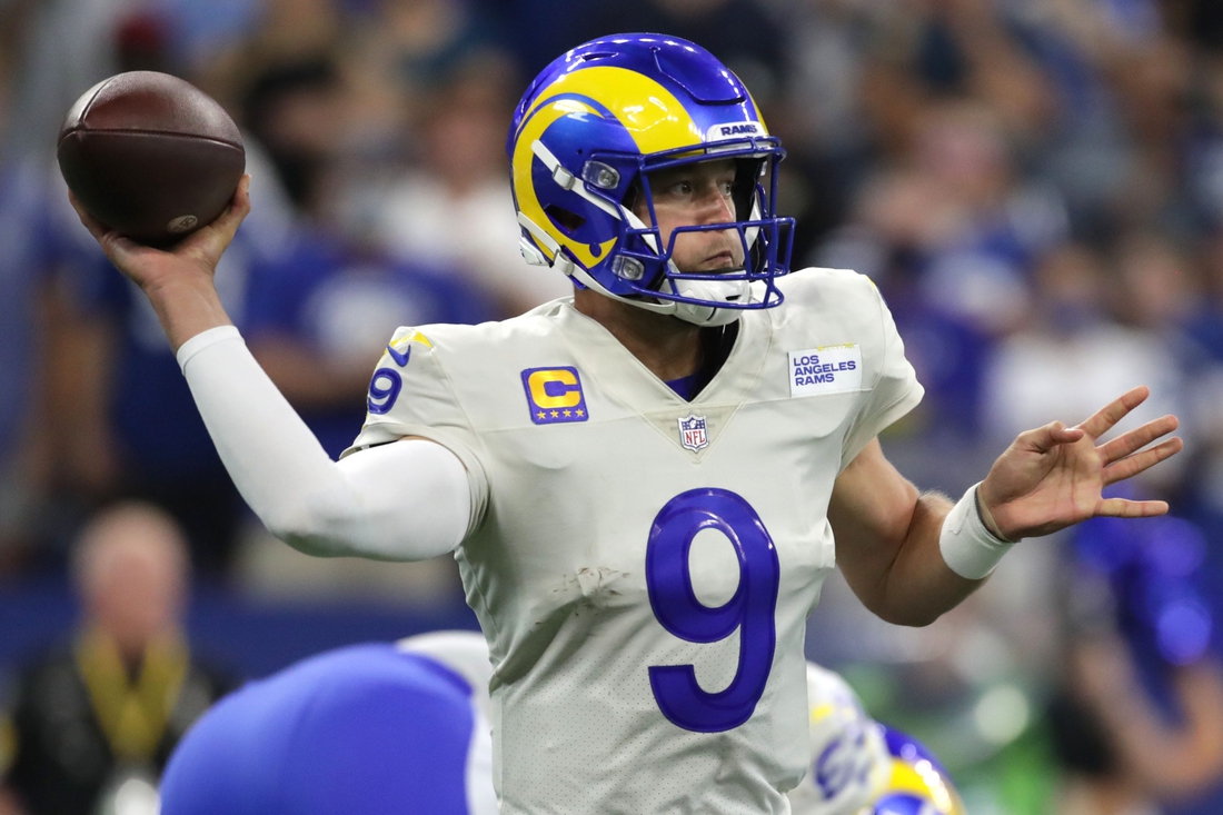 Los Angeles Rams quarterback Matthew Stafford (9) looks to pass Sunday, Sept. 19, 2021, during a game against the Los Angeles Rams at Lucas Oil Stadium in Indianapolis.