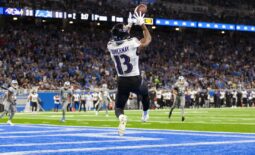 Sep 26, 2021; Detroit, Michigan, USA; Baltimore Ravens wide receiver Devin Duvernay (13) makes a touchdown catch during the second quarter against the Detroit Lions at Ford Field. Mandatory Credit: Raj Mehta-USA TODAY Sports